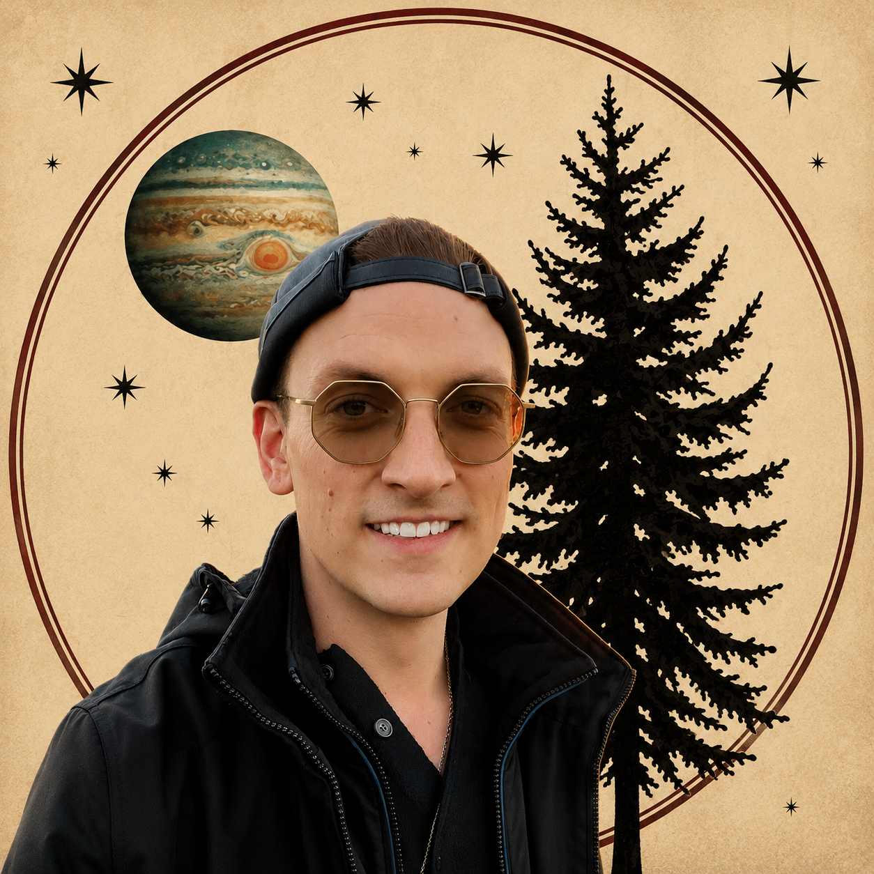 Portrait surrounded by a Douglas fir, Jupiter, and stars